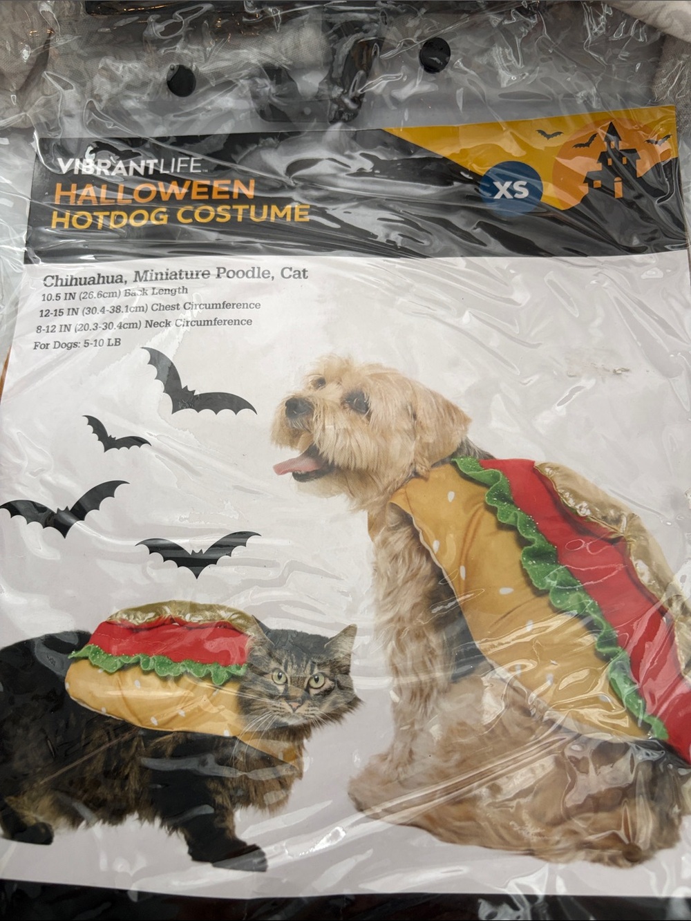 Vibrant Life Hotdog HalloweenCostume for small Pets 5-10 pounds in Red, Tan & G